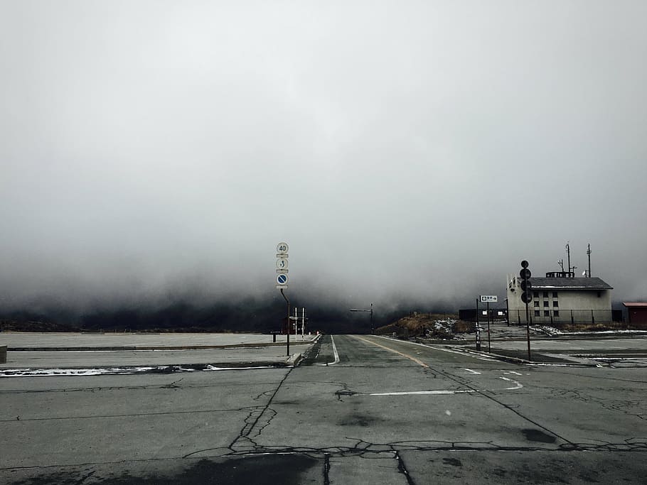 grey, asphalt road, cloudy, sky, fog, foggy, road, crossroads, house, weather