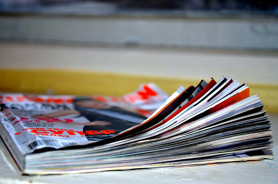 selective, focus photography, gray, red, magazine, white, wooden, surface, gloss, the print edition