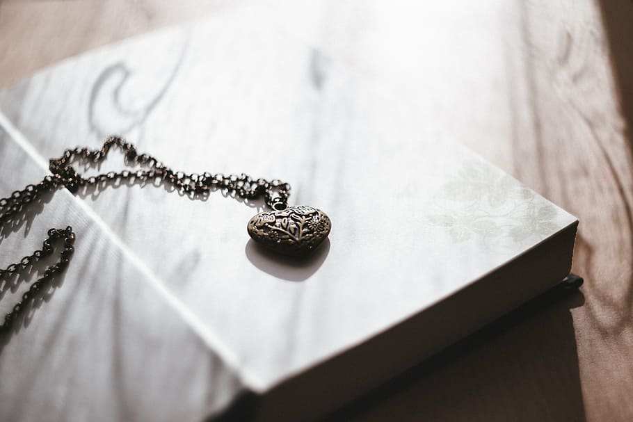 heart-shaped silver-colored pendant necklace, table, heart, necklace, old, steel, book, cover, pages, sheet