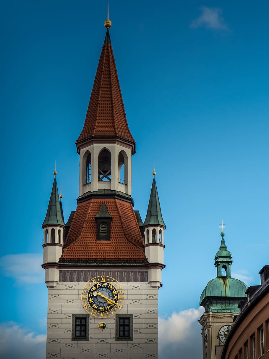 munich, churches, steeples, clock, city, architecture, tower, cathedral, campaign, religion