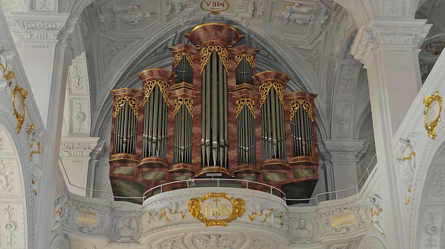 white, beige, building, interior, organ, church, music, instrument, sound, according to