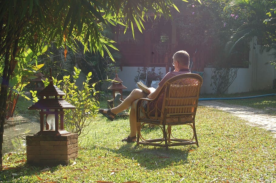 man, sitting, armchair, garden, daytime, reading, contemplative, contemplation, book, thinking
