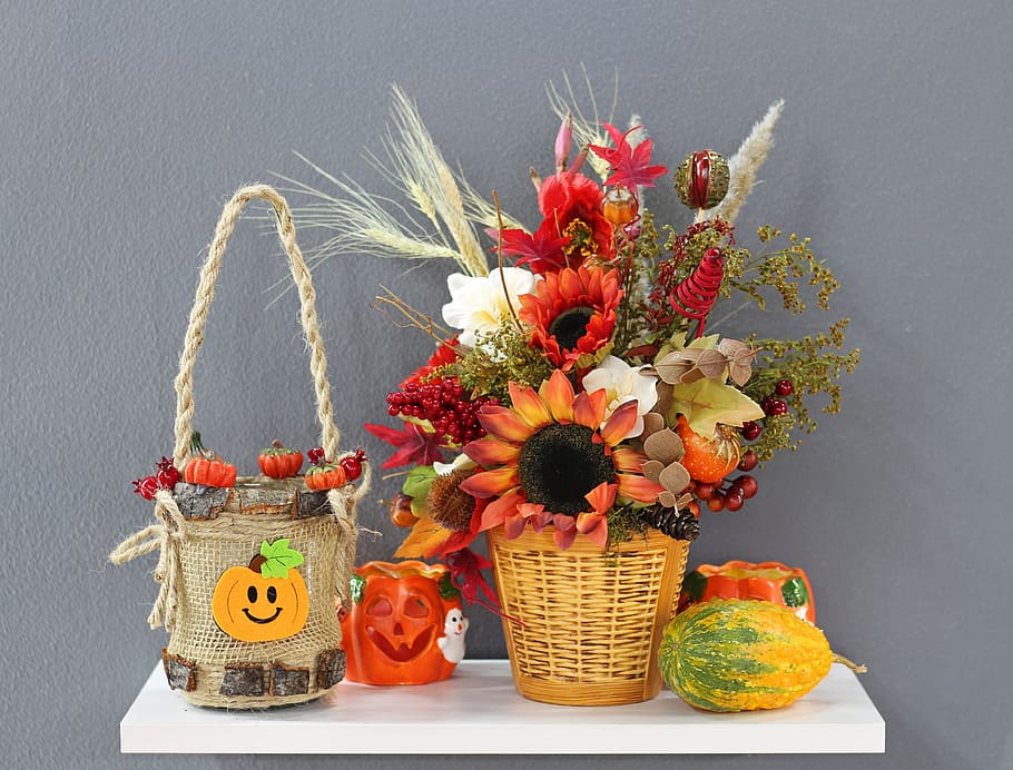 flowers, brown, woven, basket, papaya, bucket, flower, bouquet, decoration, vase