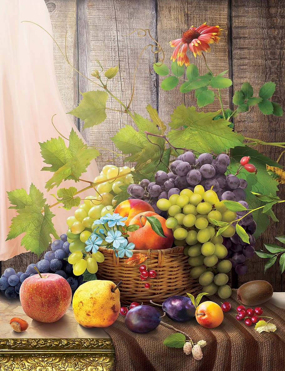 variedad, pintura de frutas, fruta, canasta, comida, vid, un montón de bodegones, comida y bebida, alimentación saludable, uva