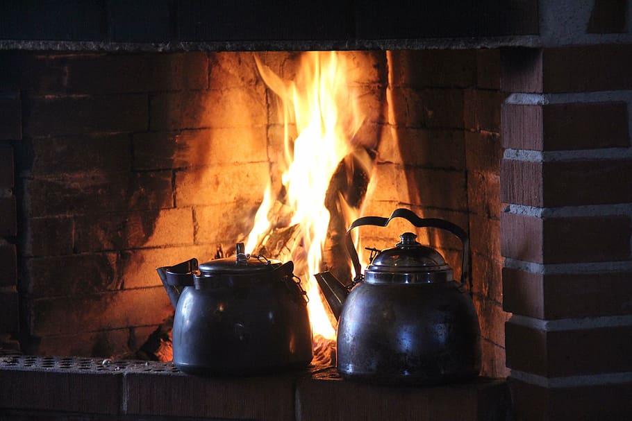 two, gray, kettles, brown, fireplace, fire, hot coffee, flames, fire - Natural Phenomenon, heat - Temperature