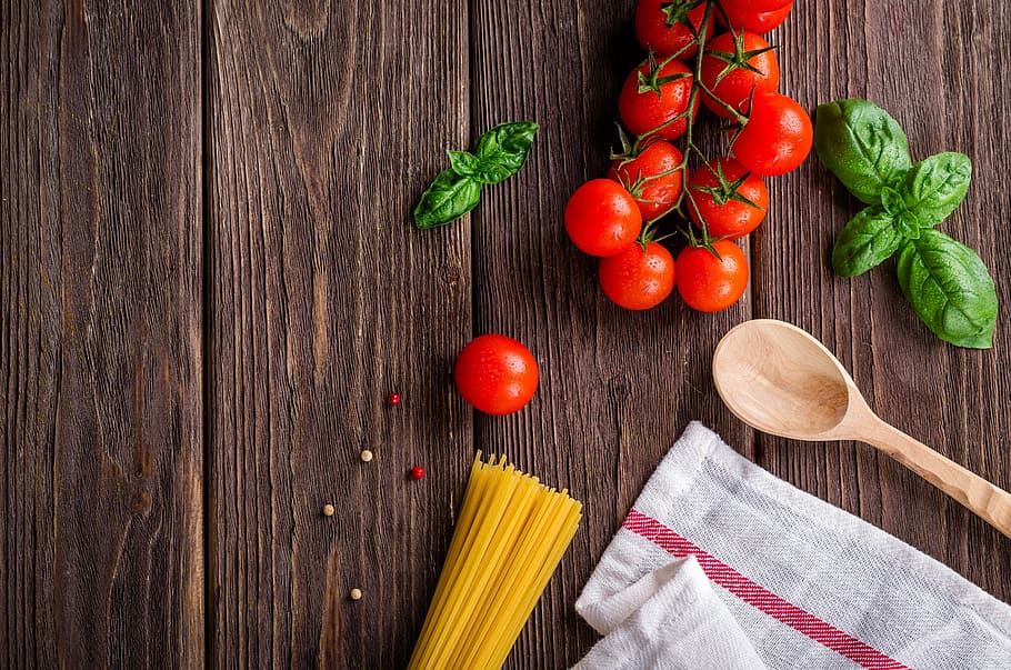 tomat, foto sendok, latar belakang, bingkai, makanan, dapur, koki, pasta, hidangan, basil
