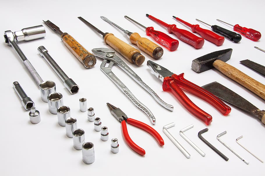 assorted, hand tools, white, surface, tool, devices, work, craft, allen, rattle