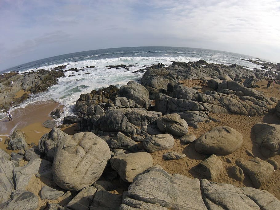 beach, stones, sky, mar, isla negra, chile, rock, rock - object, solid, beauty in nature