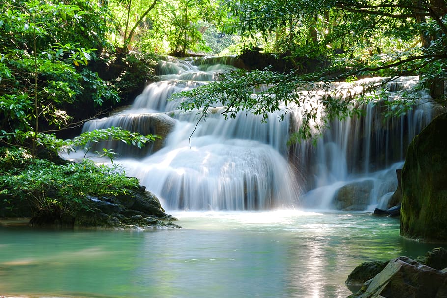 waterfall, green, nature, river, jungle, landscape, scenery, mountain, rock, stone