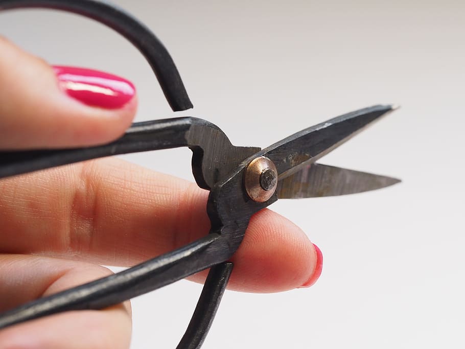 person, holding, black, metal scissors, scissors, sharp, hand, equipment, cutting, desktop
