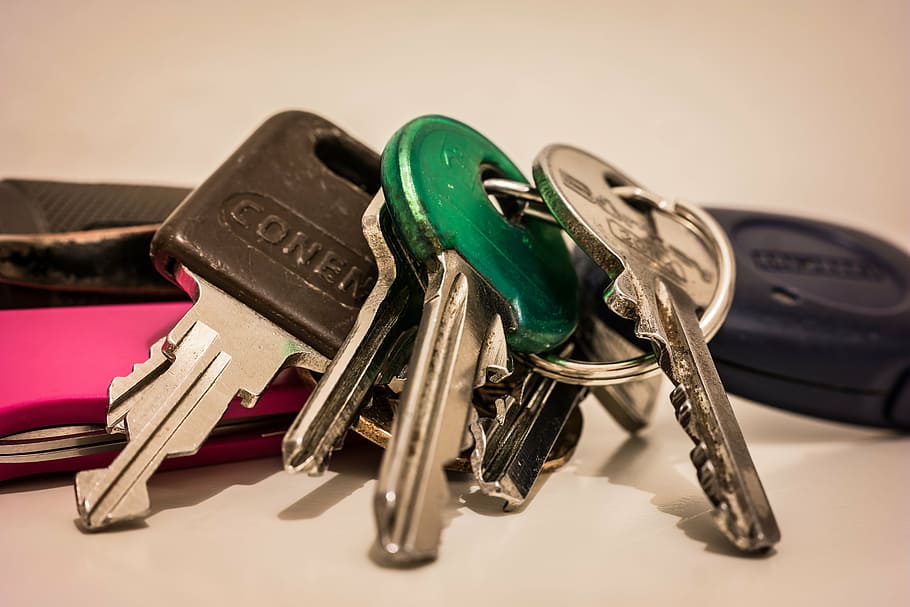 five, stainless, steel keys, key, keychain, door key, house keys, car keys, metal, shiny