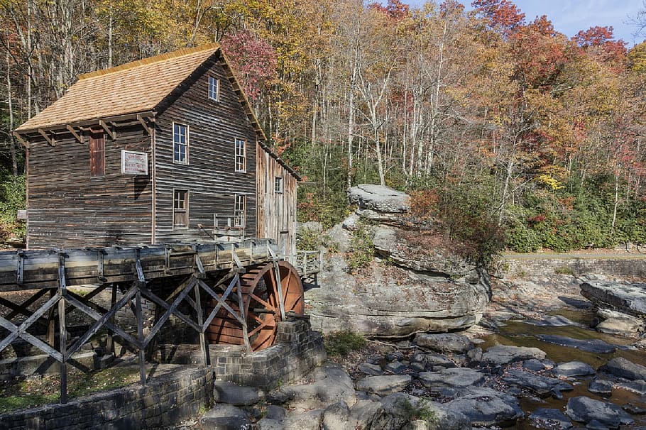 brown, black, wooden, house, river, forest, grist mill, glade creek, cooper's mill, west virginia