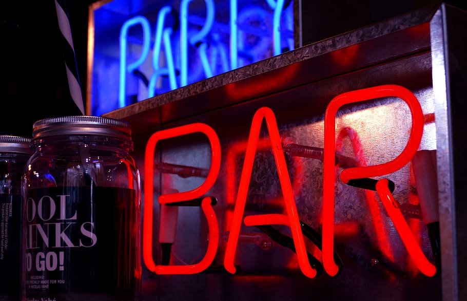 red, bar neon light signage, bar, party, signs, celebrate, bottles, alcohol, drink, music