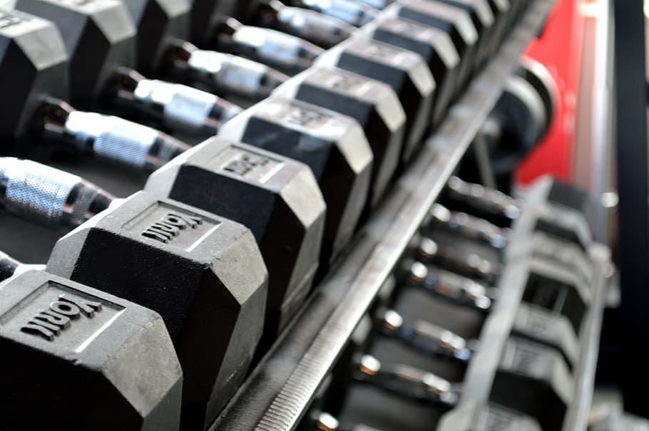 lote de pesas gris y negro, gris, estante de metal, fitness, levantamiento de pesas, pesas, ejercicio, gimnasio, levantamiento, entrenamiento