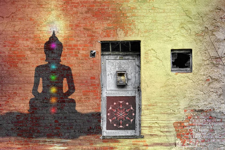 pintura de la silueta de la pared de Buda, mandala, chakra, ladrillo, pared, puerta, vendimia, meditación, yoga, loto
