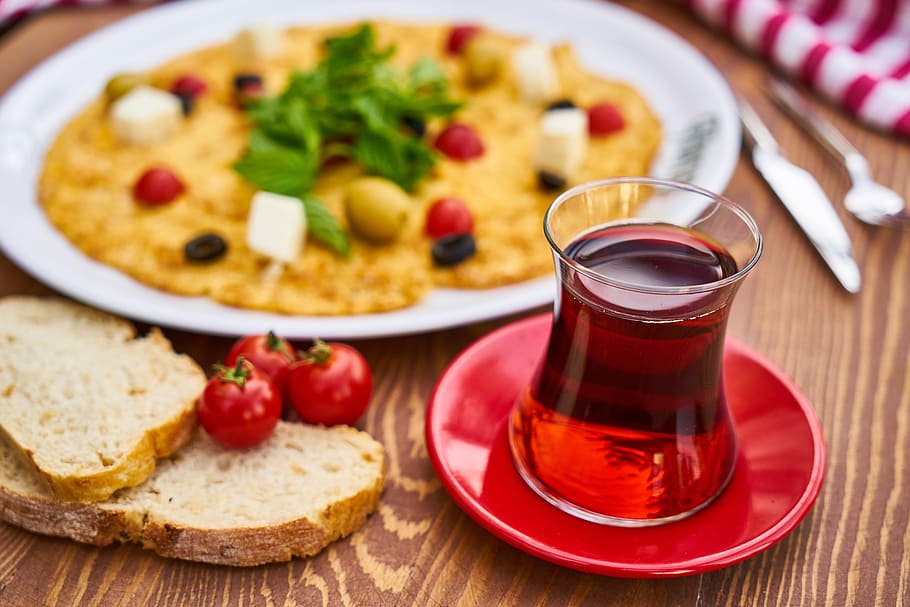 tea, omelet, breakfast, yellow, egg, fresh, health, food photo, background, table