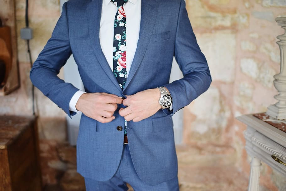 man, wearing, blue, notched, lapel suit jacket, groom, suit, style, midsection, one person