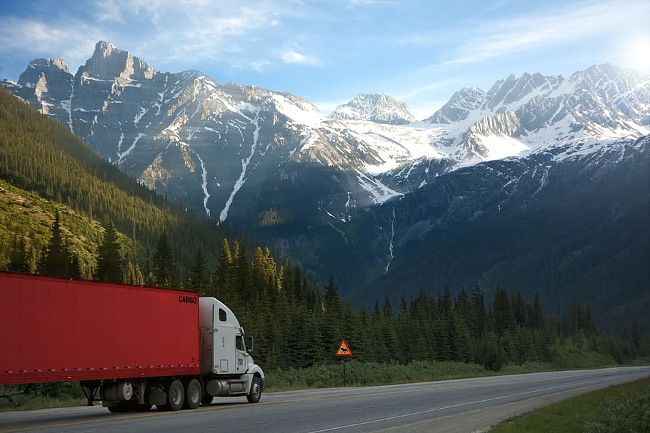 white, red, trailer truck, running, open, road, snow-capped mountains background, daytime, truck, shield