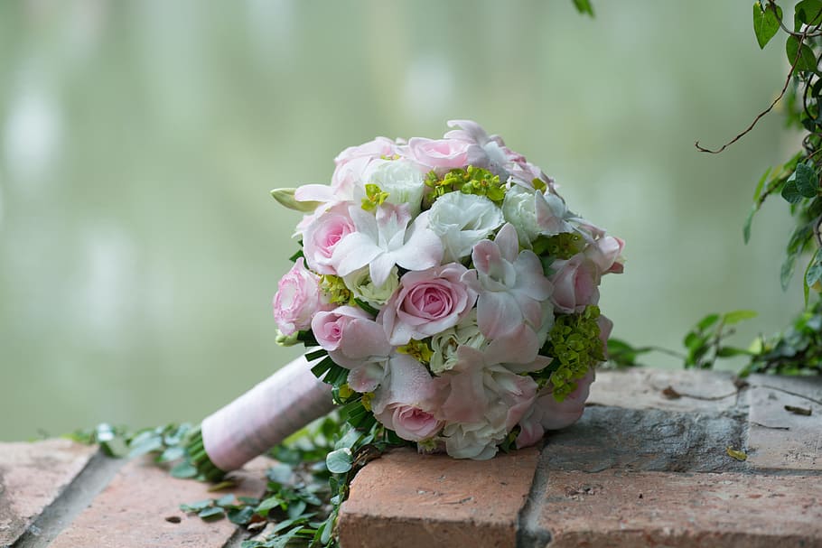 white, pink, flower bouquet, brown, paver brick, wedding flowers, flower decoration, united handheld, romantic, floral pattern