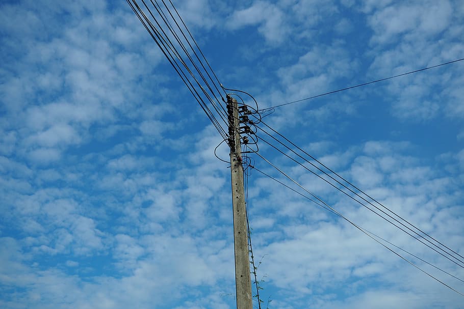 sky, electric, electricity, weather, nature, power, cloud - sky, cable, low angle view, power line