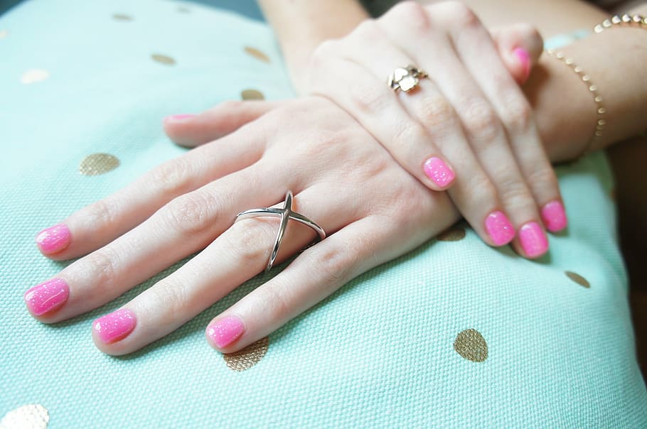 person, wearing, silver-colored ring, rings, hand, pink nail polish, manicure, fingernail, women, human Hand