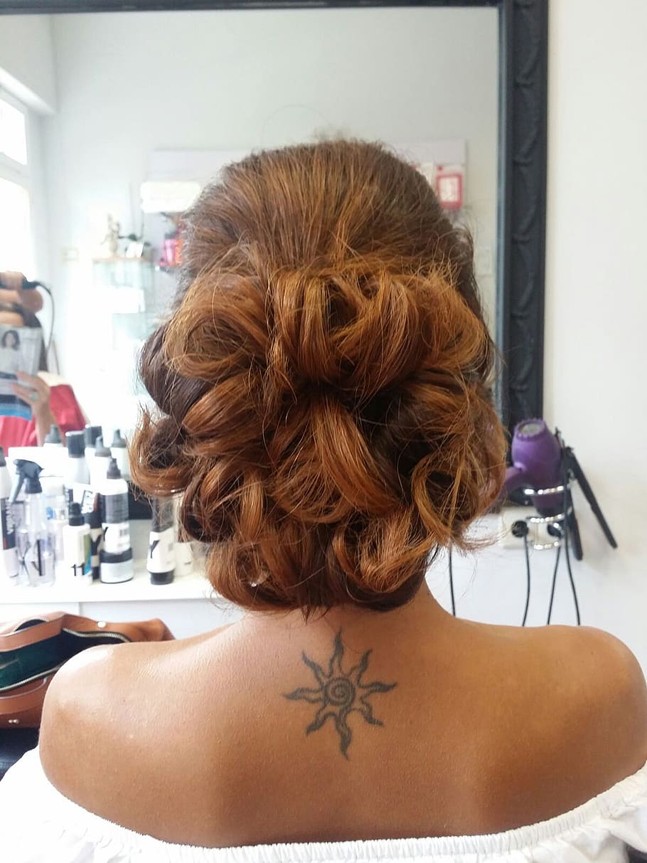 closeup, woman, wearing, white, off-shoulder, top, black, sun tattoo, back, hairdressing
