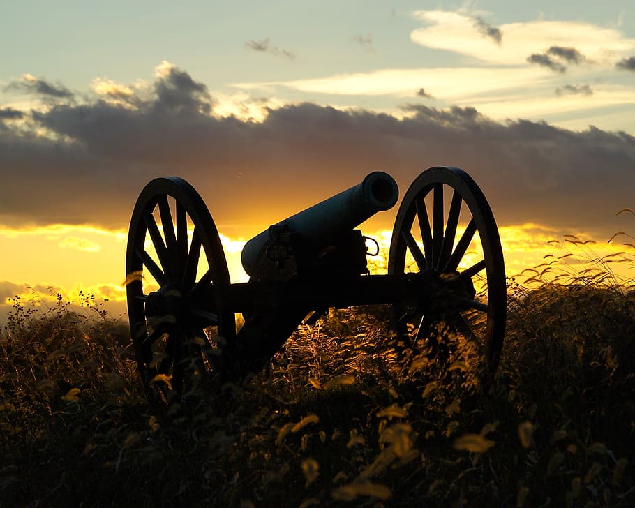 sihouette, antique, cannon, sunset, antietam, maryland, sky, clouds, american civil war, battlefield
