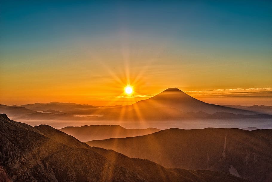 gunung, foto matahari terbit, matahari, mt fuji, jepang, lanskap, pegunungan Alpen selatan, oktober, matahari terbenam, pemandangan