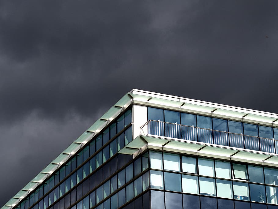 glass windowed building, gray, sky, daytime, white, black, high, rise, building, windows