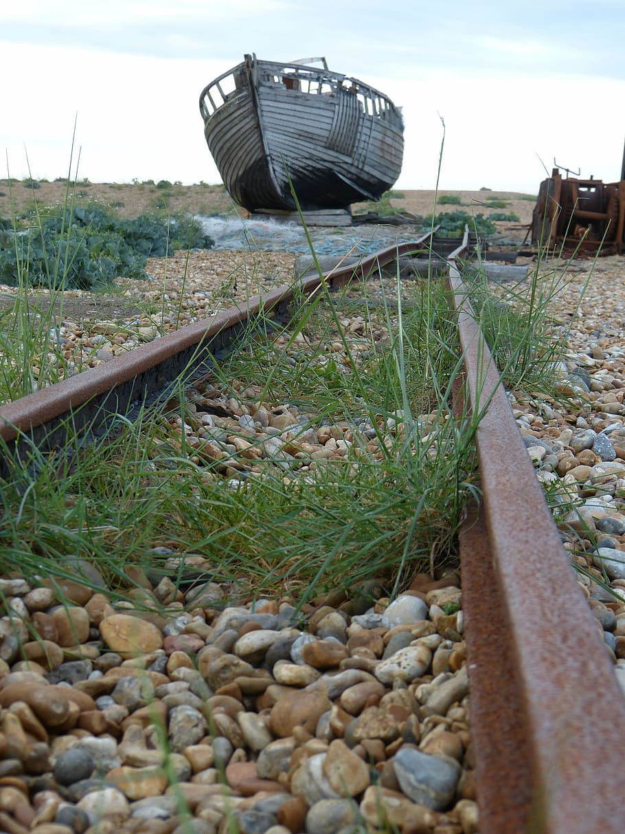 Dungeness, Romney Marsh, Inglaterra, Kent, South Beach Gland, naufragio, barco, viejo, salir, parecía
