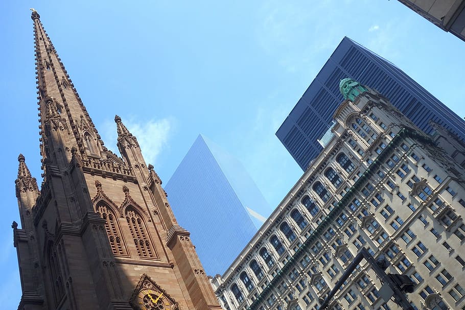 new york, trinity church, world trade center, skyscrapers, usa, modern, manhattan, architecture, building, america