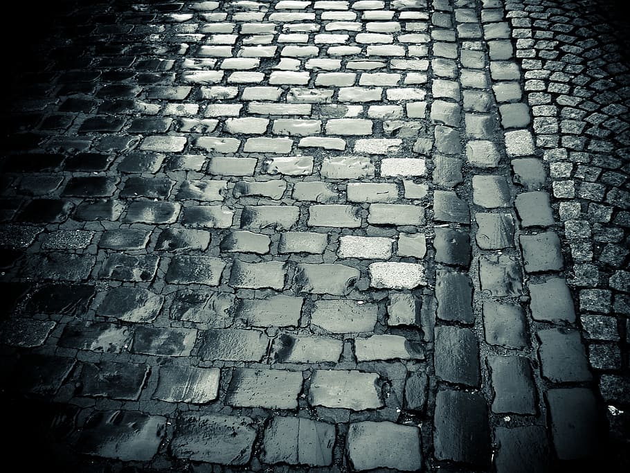 grey brick floor, cobblestones, road, paving stones, old town, pavement, ground, stones, rain, wet