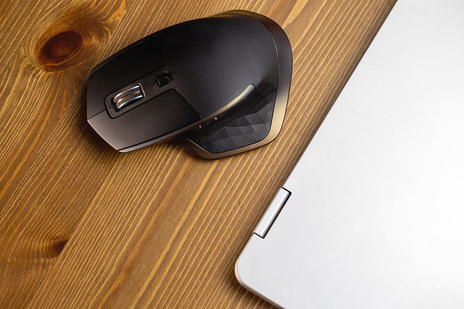 mouse, laptop, desk, business, office, wood, table, overhead, knot, technology