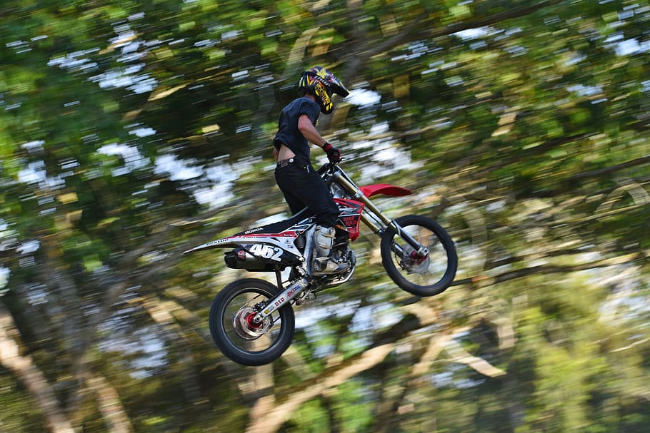 motocross, dirtbike, motion blur, speed, jump, midair, action, motion, transportation, sport