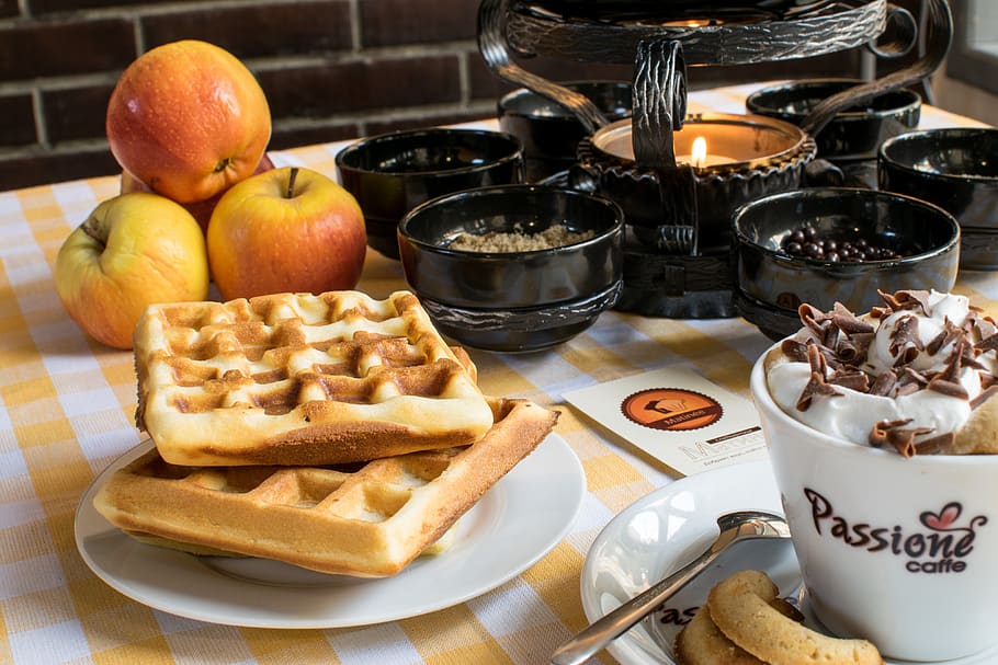 coffee, breakfast, french waffles, apples, food, restaurant, cup, beverage, morning, fresh