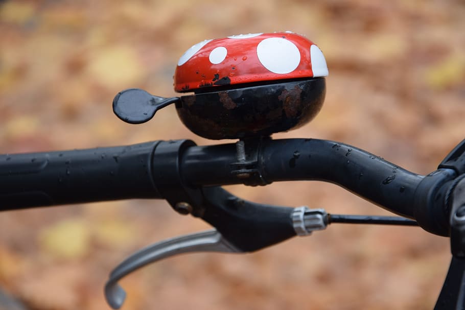 bike, bell, cycling, handlebars, wheel, autumn, macro, red, ladybug, bicycle