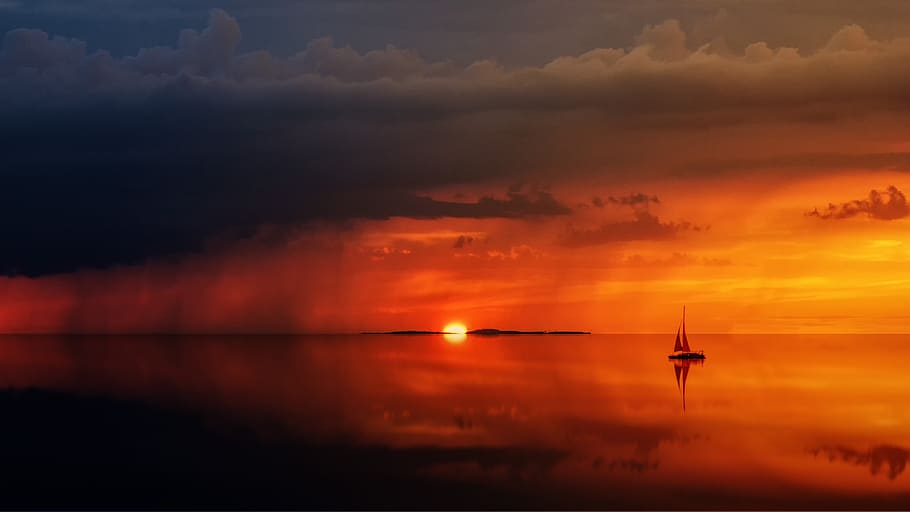 ship, ocean, sunset, rain, clouds, reflection, sea, orange, magic, sky