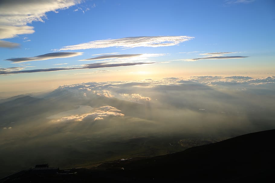 japan, sea of clouds, mountain, mt fuji, light, sun, asahi, sky, beauty in nature, scenics - nature