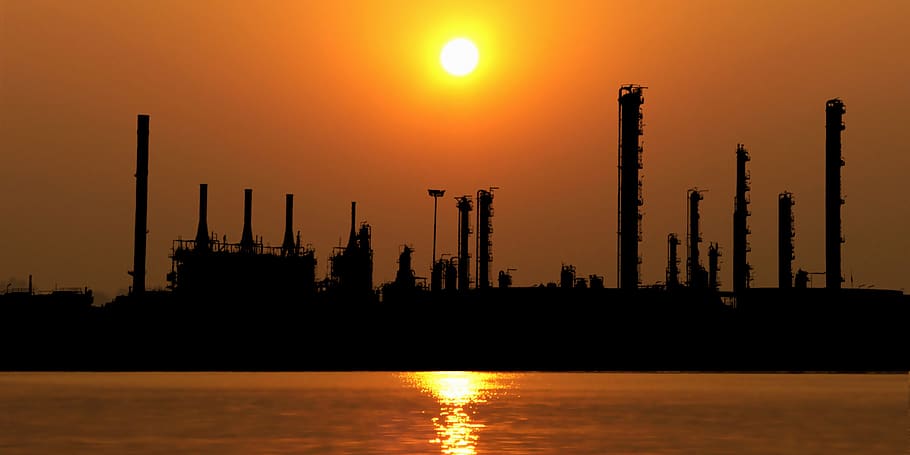 sunset, building, petrochemicals, architecture, twilight, evening, water, night, lights, industry