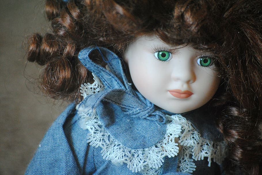 boneca de cabelos castanhos, vestindo, azul, vestido, boneca, porcelana, antiguidade, vintage, menina, rosto