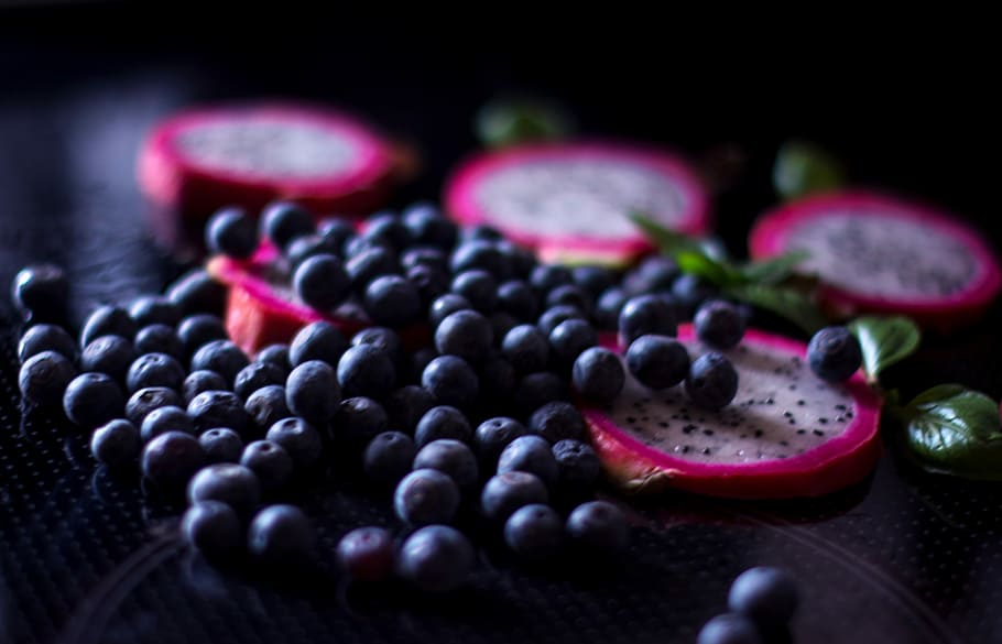bluberries, fruta do dragão, bagas, baga, mirtilos, mirtilo, fechar-se, escuro, fruta, alimentos