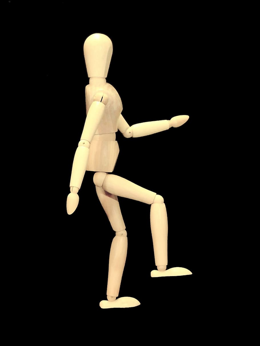 wooden joint mannequin, wood, figure, wooden, mannequin, faceless, black background, movement, anonymous, walking