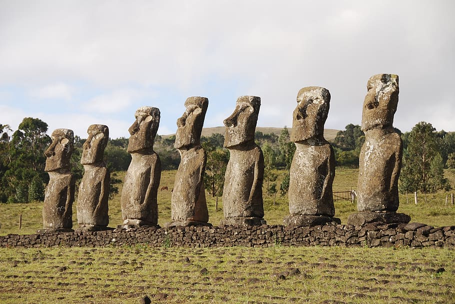 chile, easter island, sculpture, moai, mohais, travel, sky, history, ancient, the past