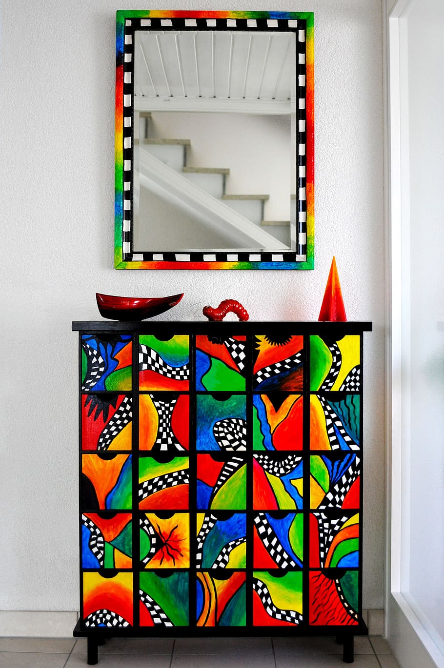 chest of drawers, mirror, colorful, decorative, multi colored, art and craft, creativity, indoors, wall - building feature, pattern