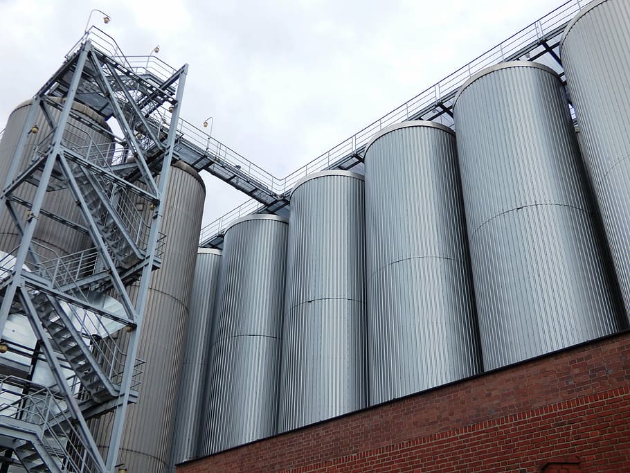 low, angle photography, factory equipment, brewery, tychy, vats, vat, silo, the tank, tanks
