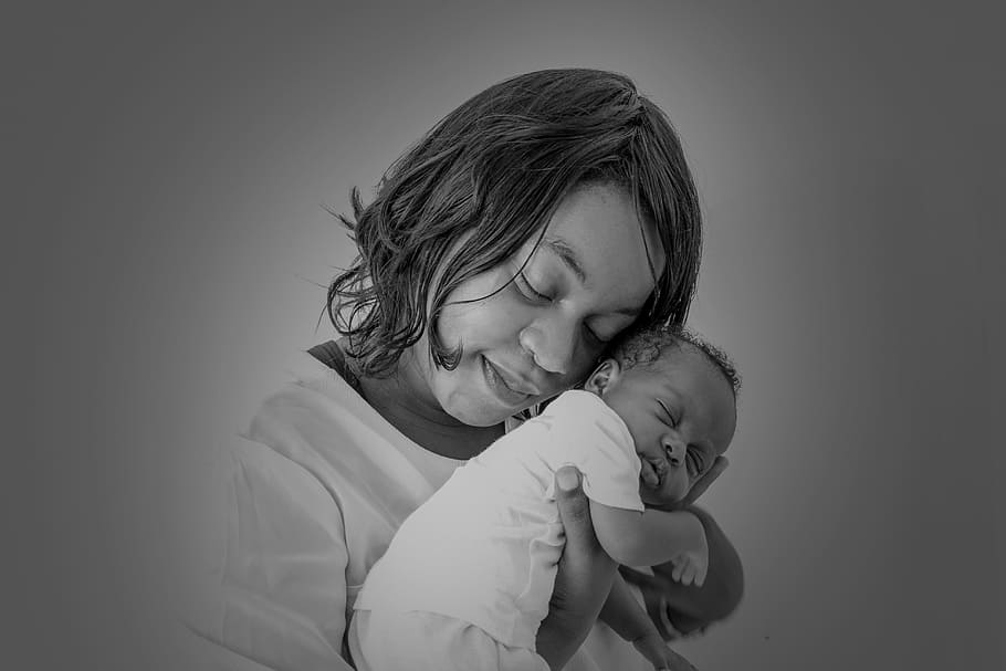 grayscale photo, woman, carrying, baby, mother's love, person, people, african, child, childhood