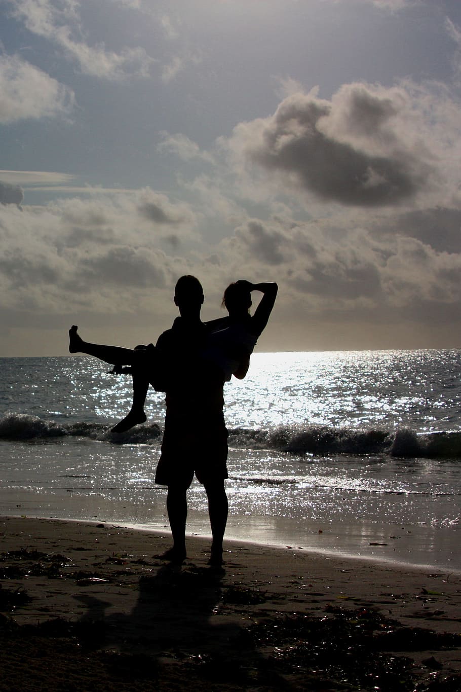 silhouette, man, carrying, woman, seashore, sunset, romantic, couple, people, girl
