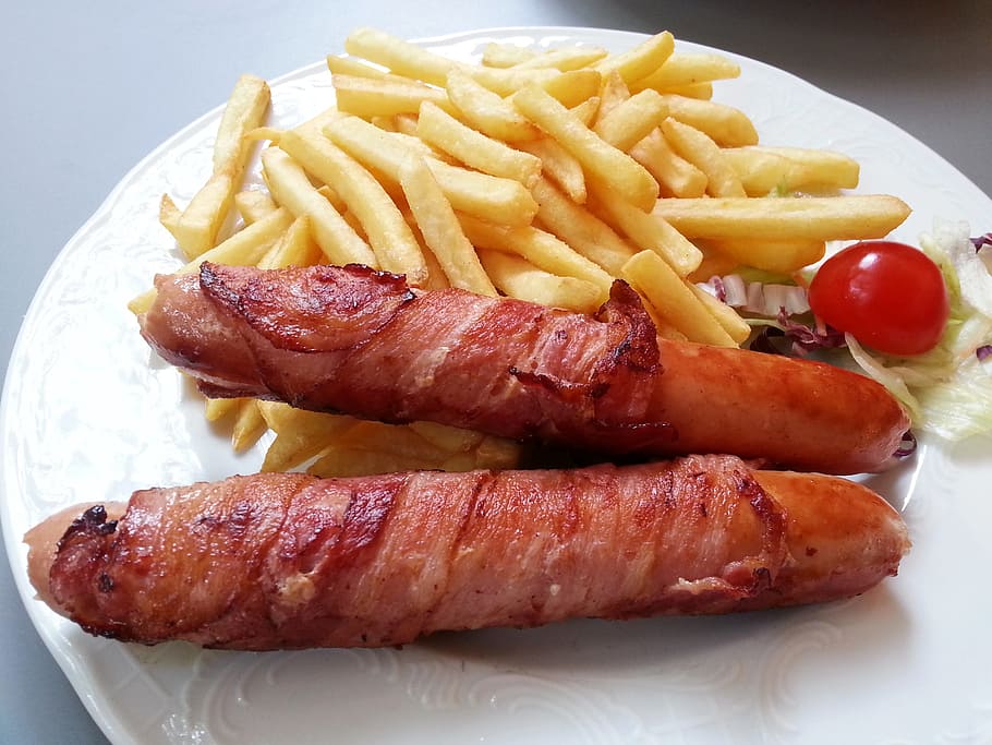 bacon, wrapped, sausages, fries, plate, Austria, French-Fried, Vienna, vienna sausage, dish