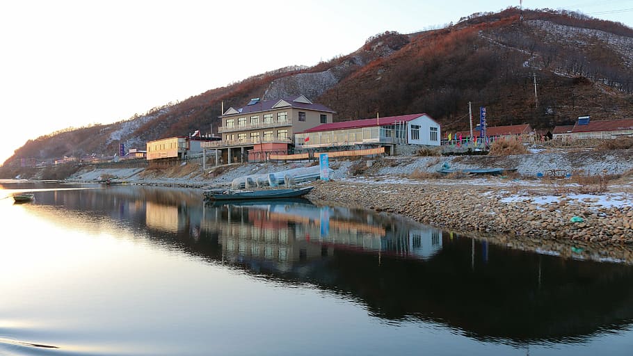 yalu river, north korea, shadow, water, architecture, built structure, reflection, building, building exterior, house