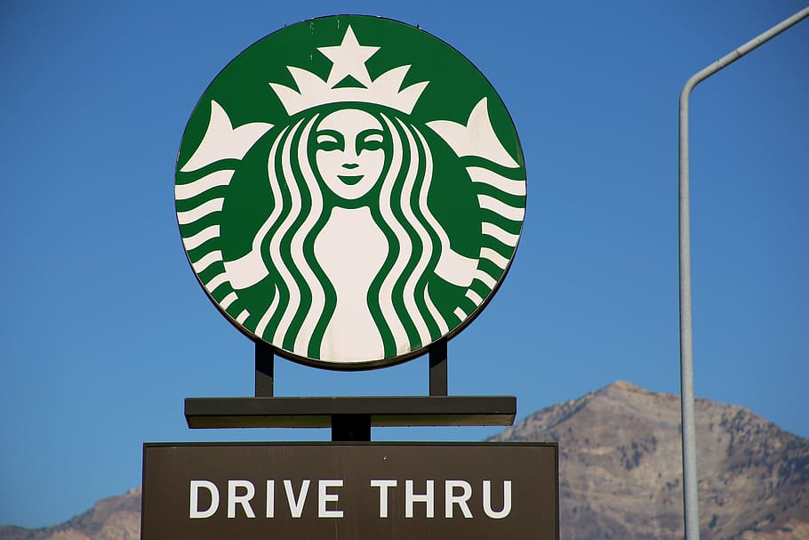starbucks drive thru signage, mountain, starbucks, coffee, green, white, logo, drive thru, road sign, sky
